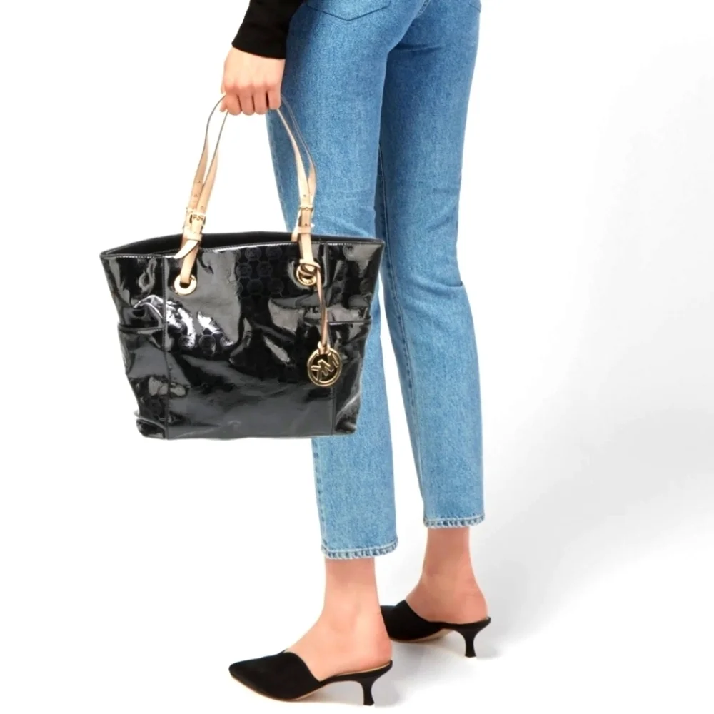 Michael Kors Jet Set Travel Tote Glossy Black Hand Bag, Women's OS